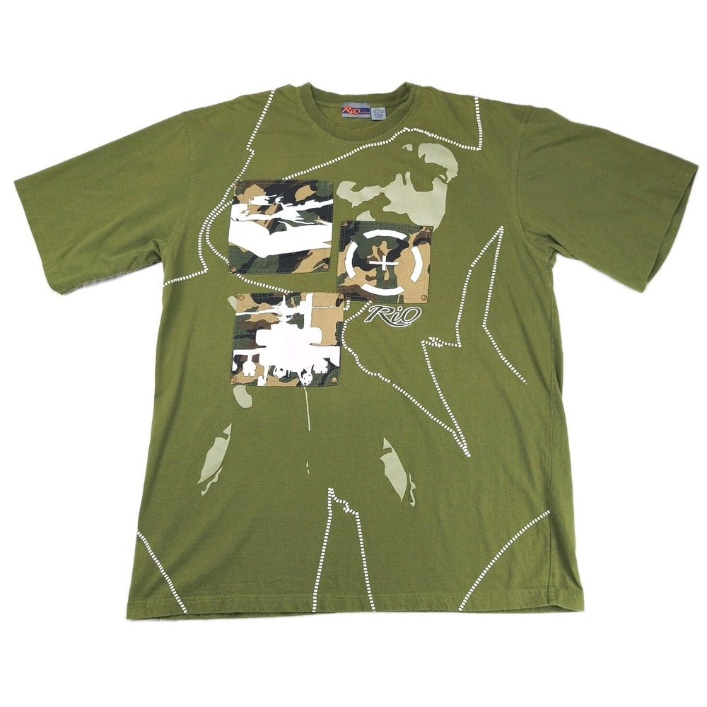 Rio Sportswear‎ Mens XXXL T-Shirt Olive Green Camo Military Helicopter Tank Y2K